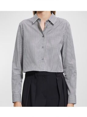 Theory Charcoal Multi Striped Cotton Cropped Button Front Down Shirt Size L NWT!